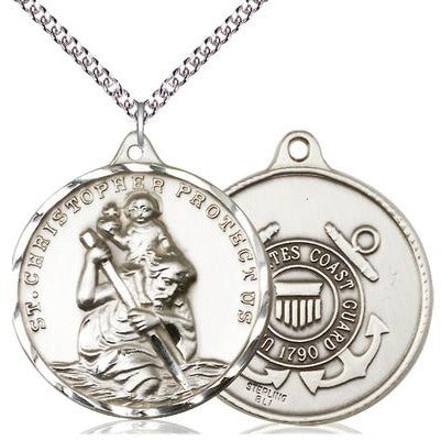 St. Christopher Coast Guard Medal Necklace - Sterling Silver - 1-1/4 Inch Tall x 1-1/4 Inch Wide with 24" Chain