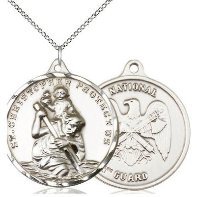 St. Christopher National Guard Medal Necklace - Sterling Silver - 1-1/4 Inch Tall x 1-1/4 Inch Wide with 18" Chain