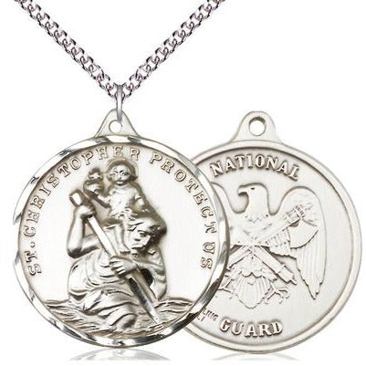 St. Christopher National Guard Medal Necklace - Sterling Silver - 1-1/4 Inch Tall x 1-1/4 Inch Wide with 24" Chain