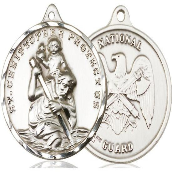 St. Christopher National Guard Medal Necklace - Sterling Silver - 1-1/4 Inch Tall x 1-1/4 Inch Wide with 24" Chain
