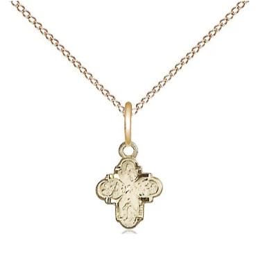 4 Way Medal Necklace - 14K Gold - 3/8 Inch Tall by 1/4 Inch Wide with 18" Chain