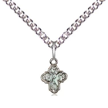4 Way Medal Necklace - Sterling Silver - 3/8 Inch Tall by 1/4 Inch Wide with 24" Chain