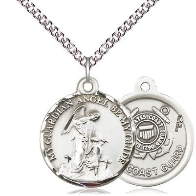 Guardian Angel Coast Guard Medal Necklace - Sterling Silver - 7/8 Inch Tall x 3/4 Inch Wide with 24" Chain