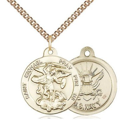 St. Michael Navy Medal Necklace - 14K Gold Filled - 7/8 Inch Tall x 3/4 Inch Wide with 24" Chain