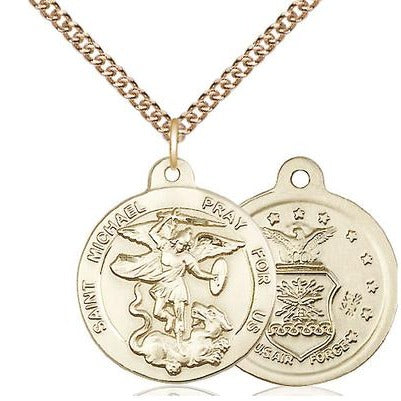 St. Michael Air Force Medal Necklace - 14K Gold - 7/8 Inch Tall x 3/4 Inch Wide with 24" Chain