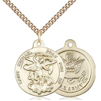 St. Michael Army Medal Necklace - 14K Gold - 7/8 Inch Tall x 3/4 Inch Wide with 24" Chain