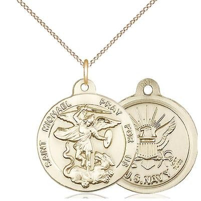 St. Michael Navy Medal Necklace - 14K Gold - 7/8 Inch Tall x 3/4 Inch Wide with 18" Chain