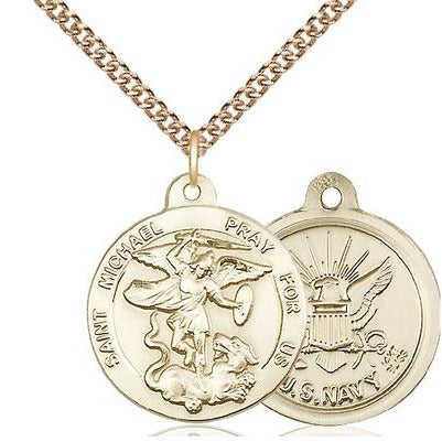 St. Michael Navy Medal Necklace - 14K Gold - 7/8 Inch Tall x 3/4 Inch Wide with 24" Chain