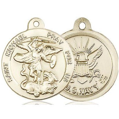 St. Michael Navy Medal Necklace - 14K Gold - 7/8 Inch Tall x 3/4 Inch Wide with 18" Chain