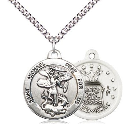 St. Michael Air Force Medal Necklace - Sterling Silver - 7/8 Inch Tall x 3/4 Inch Wide with 24" Chain