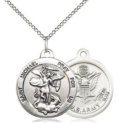 St. Michael Army Medal Necklace - Sterling Silver - 7/8 Inch Tall x 3/4 Inch Wide with 18" Chain