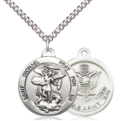 St. Michael Army Medal Necklace - Sterling Silver - 7/8 Inch Tall x 3/4 Inch Wide with 24" Chain