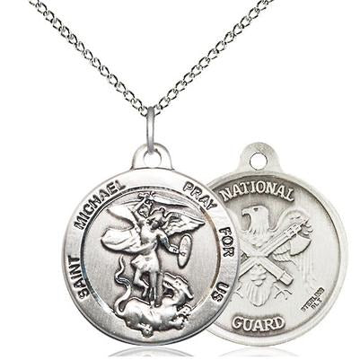 St. Michael National Guard Medal Necklace - Sterling Silver - 7/8 Inch Tall x 3/4 Inch Wide with 18" Chain