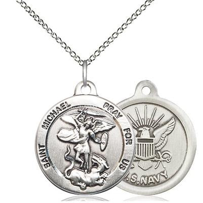 St. Michael Navy Medal Necklace - Sterling Silver - 7/8 Inch Tall x 3/4 Inch Wide with 18" Chain
