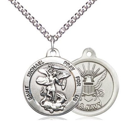 St. Michael Navy Medal Necklace - Sterling Silver - 7/8 Inch Tall x 3/4 Inch Wide with 24" Chain
