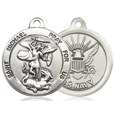 St. Michael Navy Medal Necklace - Sterling Silver - 7/8 Inch Tall x 3/4 Inch Wide with 24" Chain