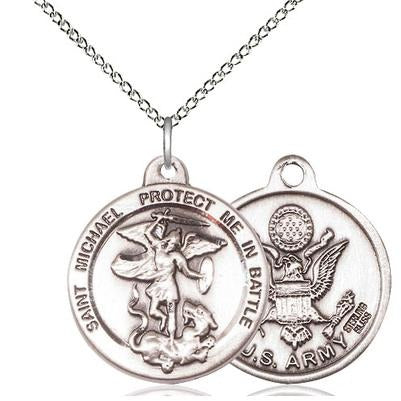 St. Michael Army Medal Necklace - Sterling Silver - 7/8 Inch Tall x 1-3/8 Inch Wide with 18" Chain
