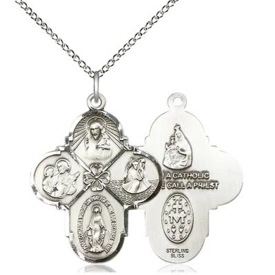 4 Way Medal Necklace - Sterling Silver - 1-1/8 Inch Tall by 7/8 Inch Wide with 18" Chain