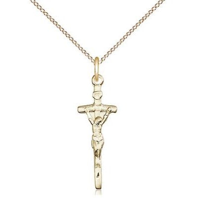 Papal Crucifix Medal Necklace - 14K Gold Filled - 7/8 Inch Tall x 1/4 Inch Wide with 18" Chain