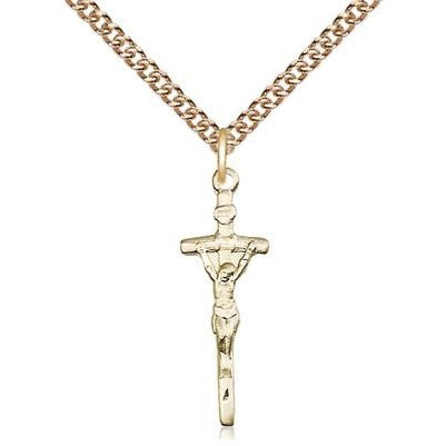 Papal Crucifix Medal Necklace - 14K Gold - 7/8 Inch Tall x 1/4 Inch Wide with 24" Chain