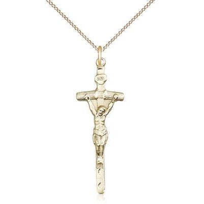 Papal Crucifix Medal Necklace - 14K Gold Filled - 1-3/8 Inch Tall x 1/2 Inch Wide with 18" Chain