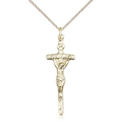 Papal Crucifix Medal Necklace - 14K Gold - 1-3/8 Inch Tall x 1/2 Inch Wide with 18" Chain