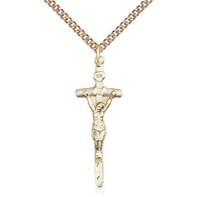 Papal Crucifix Medal Necklace - 14K Gold - 1-3/8 Inch Tall x 1/2 Inch Wide with 24" Chain