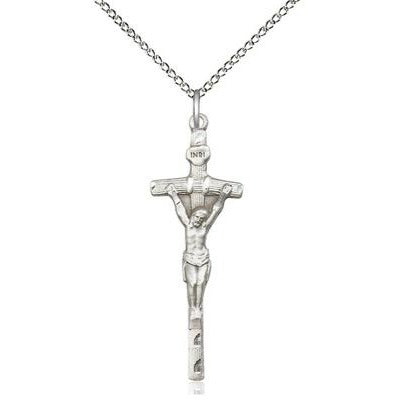 Papal Crucifix Medal Necklace - Sterling Silver - 1-3/8 Inch Tall x 1/2 Inch Wide with 18" Chain