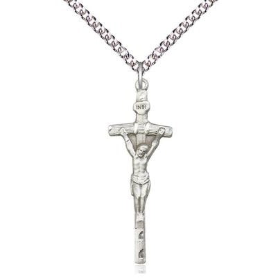 Papal Crucifix Medal Necklace - Sterling Silver - 1-3/8 Inch Tall x 1/2 Inch Wide with 24" Chain