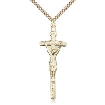 Papal Crucifix Medal Necklace - 14K Gold Filled - 2 Inch Tall x 5/8 Inch Wide with 24" Chain