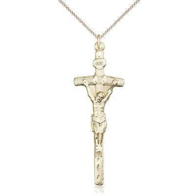 Papal Crucifix Medal Necklace - 14K Gold - 2 Inch Tall x 5/8 Inch Wide with 18" Chain