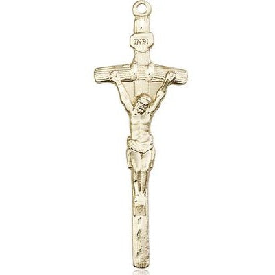 Papal Crucifix Medal Necklace - 14K Gold - 2 Inch Tall x 5/8 Inch Wide with 18" Chain