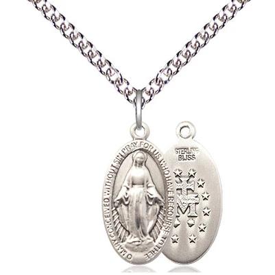 Miraculous Medal Necklace - Sterling Silver - 3/4 Inch Tall by 3/8 Inch Wide with 24" Chain