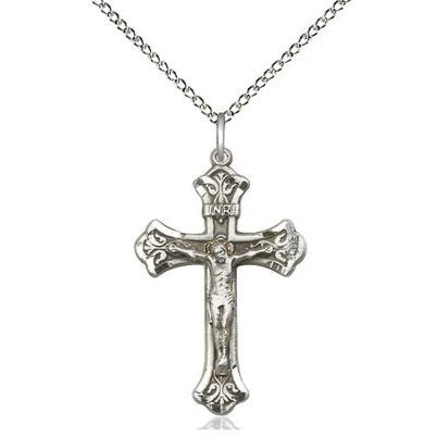Crucifix Medal Necklace - Sterling Silver - 1-1/8 Inch Tall x 5/8 Inch Wide with 18" Chain