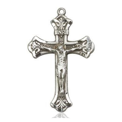Crucifix Medal Necklace - Sterling Silver - 1-1/8 Inch Tall x 5/8 Inch Wide with 24" Chain
