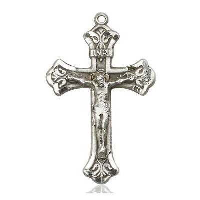 Crucifix Medal Necklace - Sterling Silver - 1-1/8 Inch Tall x 5/8 Inch Wide with 18" Chain