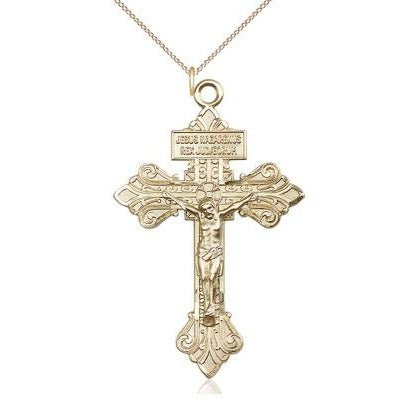 Crucifix Medal Necklace - 14K Gold Filled - 2-1/8 Inch Tall x 1-3/8 Inch Wide with 18" Chain