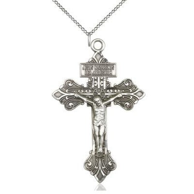 Crucifix Medal Necklace - Sterling Silver - 2-1/8 Inch Tall x 1-3/8 Inch Wide with 18" Chain