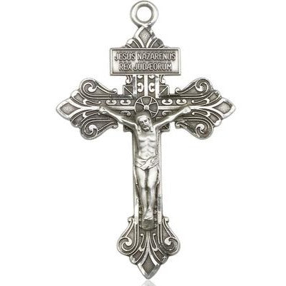 Crucifix Medal Necklace - Sterling Silver - 2-1/8 Inch Tall x 1-3/8 Inch Wide with 24" Chain