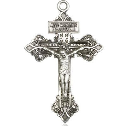Crucifix Medal Necklace - Sterling Silver - 2-1/8 Inch Tall x 1-3/8 Inch Wide with 18" Chain