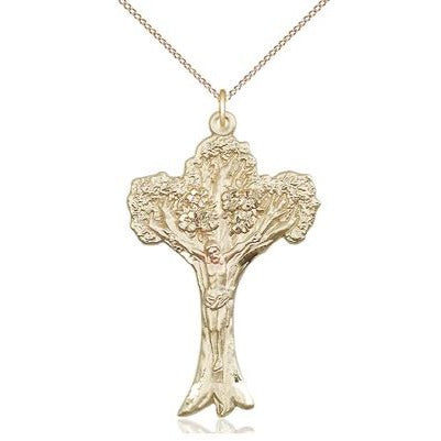 Tree of Life Crucifix Medal Necklace - 14K Gold Filled - 1-5/8 Inch Tall x 1 Inch Wide with 18" Chain