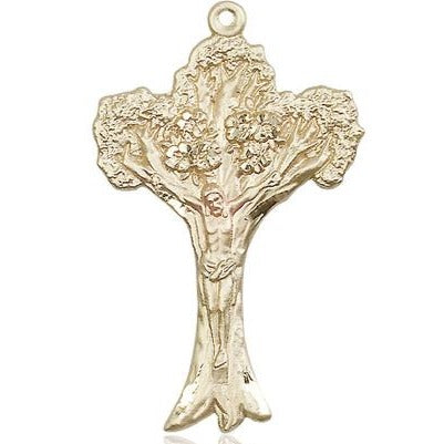 Tree of Life Crucifix Medal Necklace - 14K Gold Filled - 1-5/8 Inch Tall x 1 Inch Wide with 24" Chain