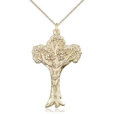 Tree of Life Crucifix Medal Necklace - 14K Gold - 1-5/8 Inch Tall x 1 Inch Wide with 18" Chain