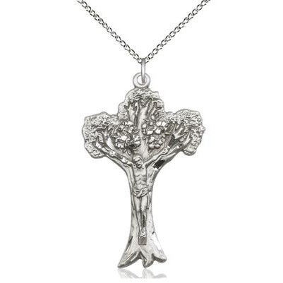 Tree of Life Crucifix Medal Necklace - Sterling Silver - 1-5/8 Inch Tall x 1 Inch Wide with 18" Chain