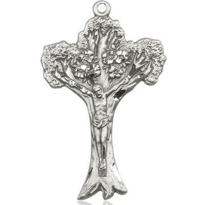 Tree of Life Crucifix Medal Necklace - Sterling Silver - 1-5/8 Inch Tall x 1 Inch Wide with 24" Chain