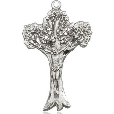 Tree of Life Crucifix Medal Necklace - Sterling Silver - 1-5/8 Inch Tall x 1 Inch Wide with 18" Chain