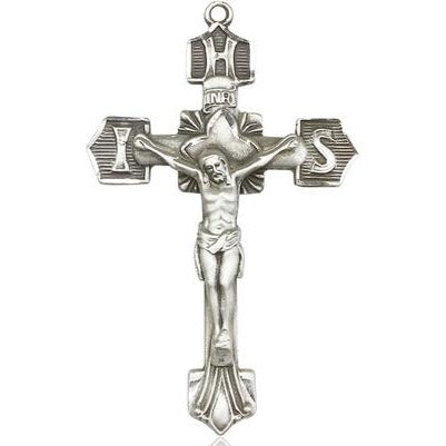 Crucifix Medal Necklace - Sterling Silver - 1-3/4 Inch Tall x 1-1/8 Inch Wide with 24" Chain