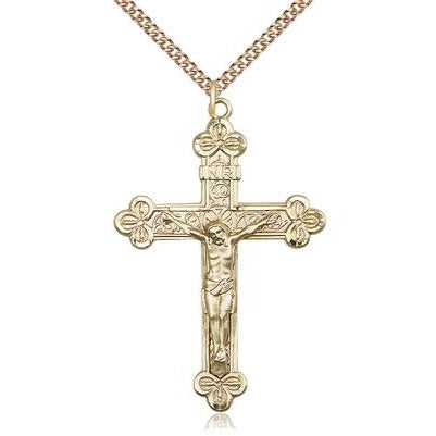 Crucifix Medal Necklace - 14K Gold - 1-7/8 Inch Tall x 1-1/4 Inch Wide with 24" Chain