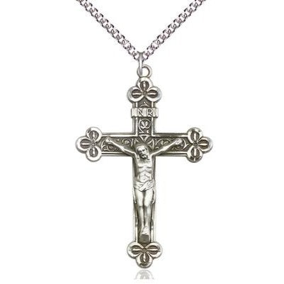 Crucifix Medal Necklace - Sterling Silver - 1-7/8 Inch Tall x 1-1/4 Inch Wide with 24" Chain