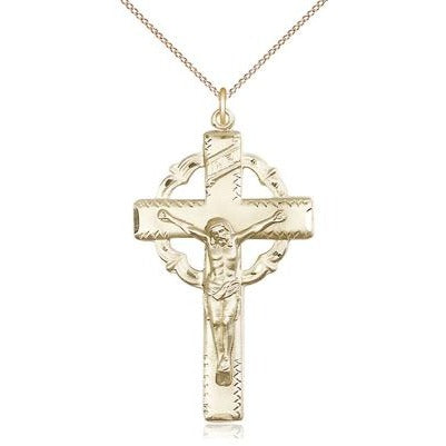 Crucifix Medal Necklace - 14K Gold - 1-5/8 Inch Tall x 7/8 Inch Wide with 18" Chain